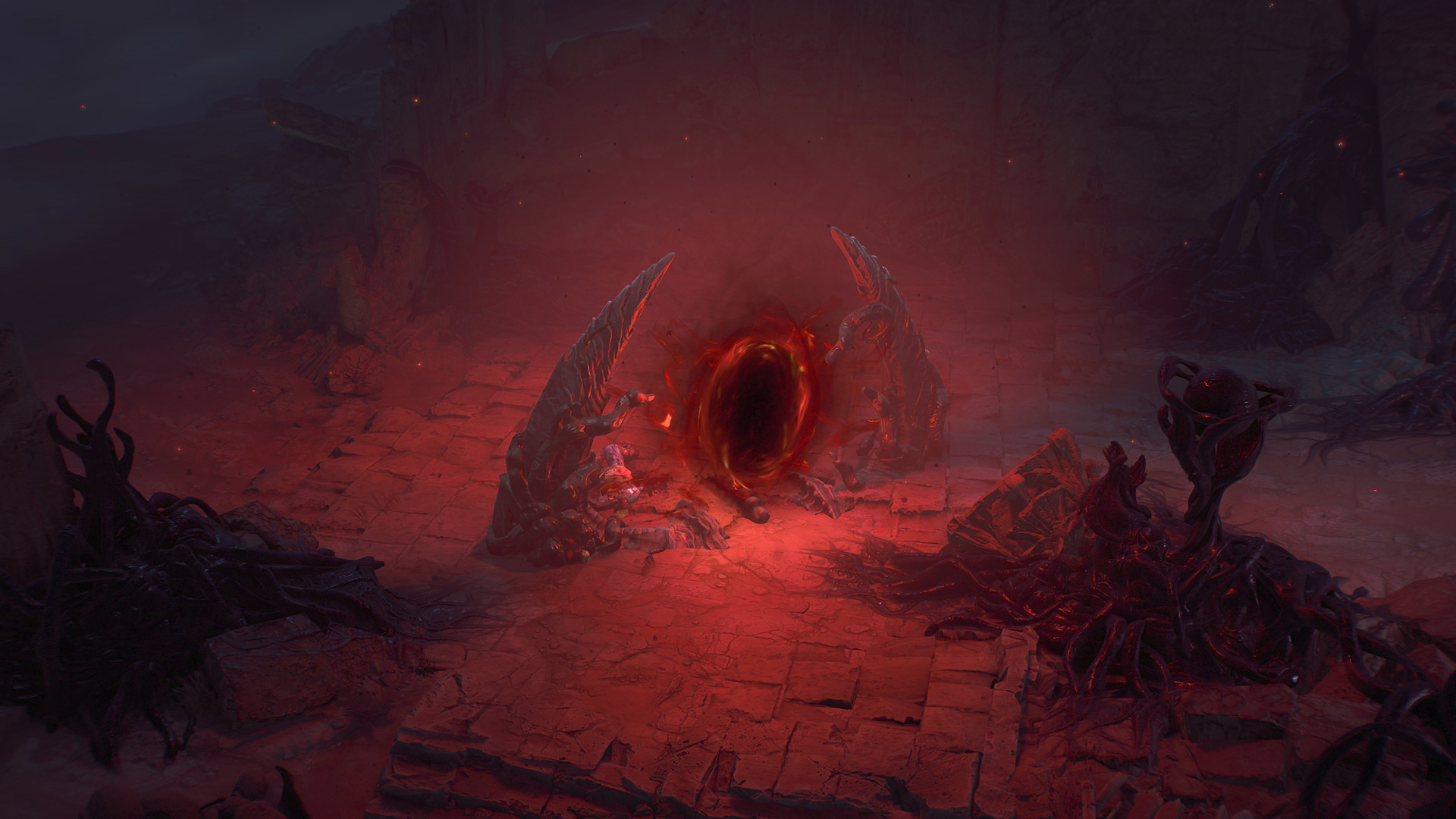 A red hellish portal glows in the darkness of Diablo 4
