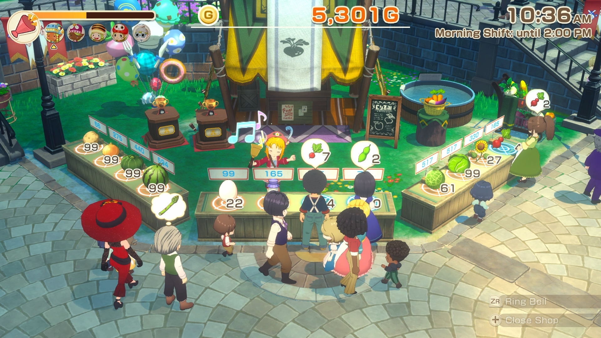 Story of Seasons- a player stands behind three stalls of products for sale at an outdoor bazaar while customers walk up to buy things