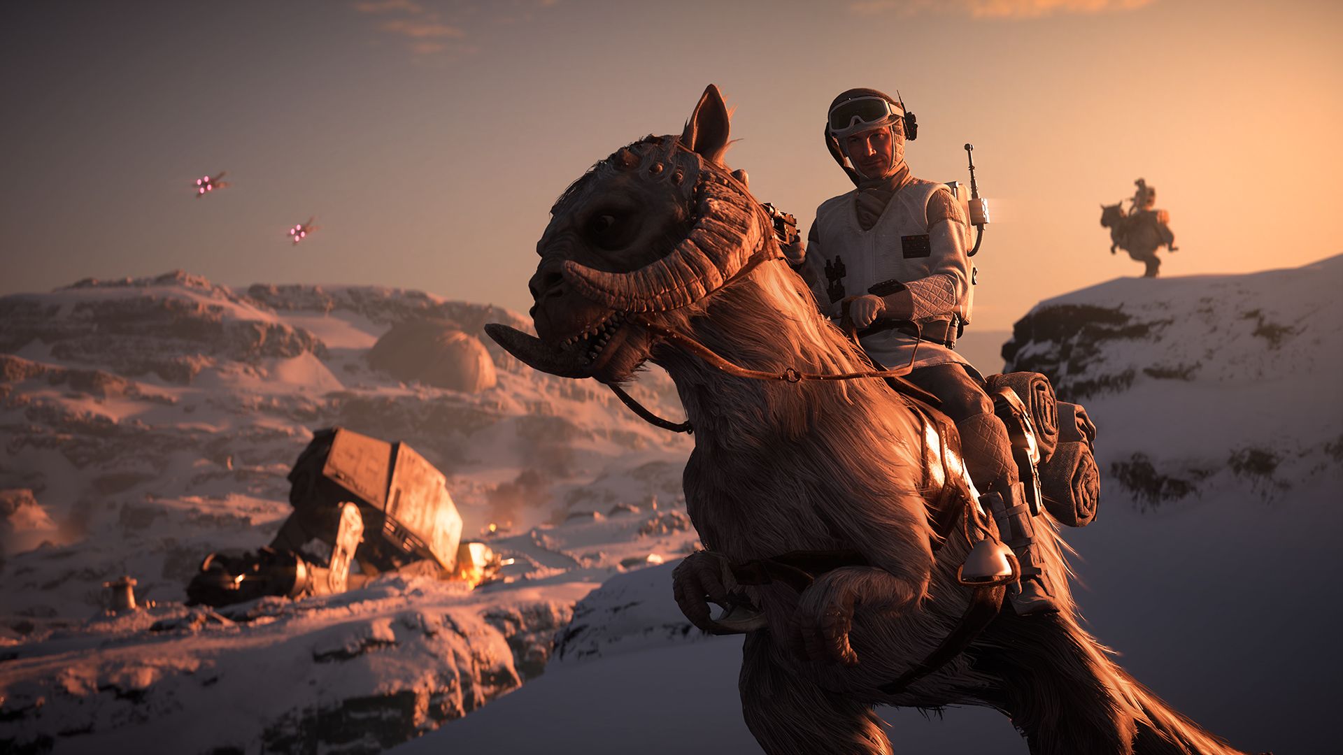 A rebel trooper riding a tauntaun in Battlefront 2.