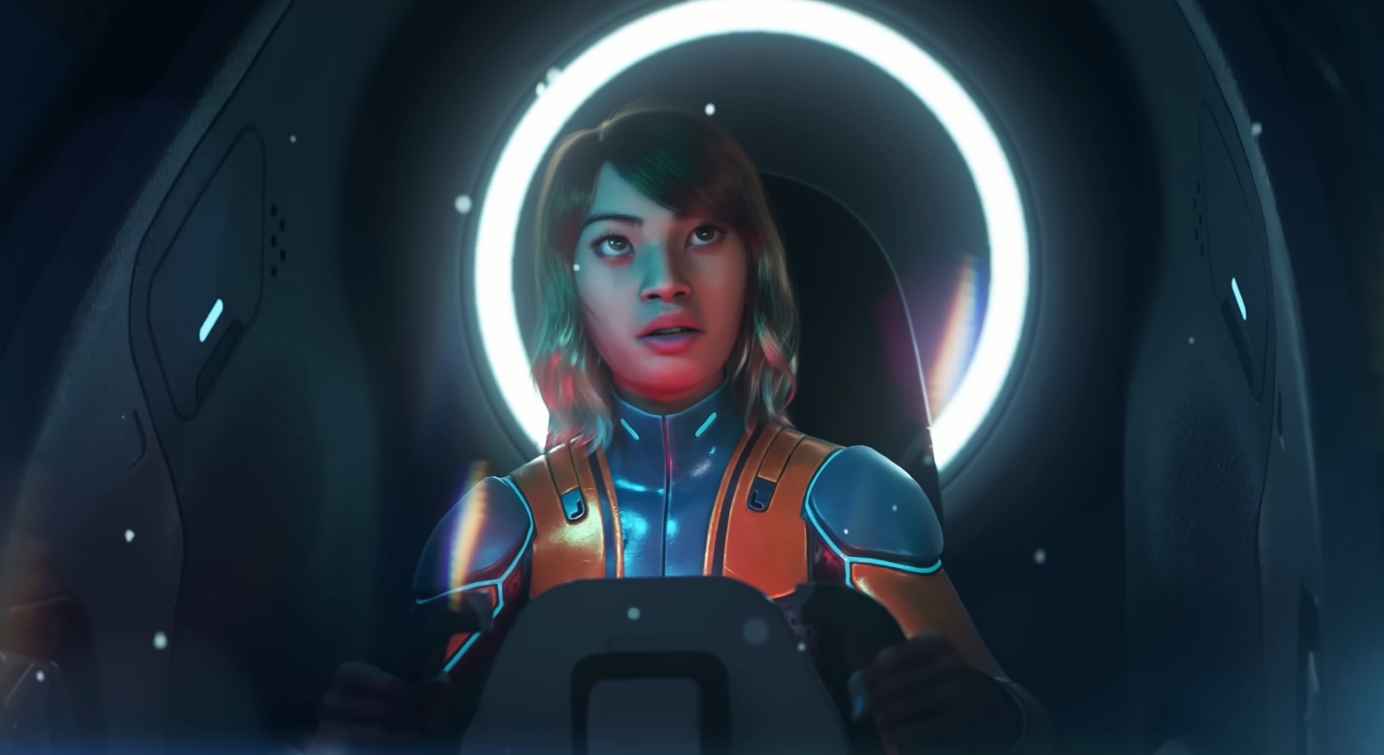 An explorer in the Subnautica 2 teaser trailer, her expression looks scared and in awe of something out in the dark ocean. We can&#039;t see what she&#039;s looking at.