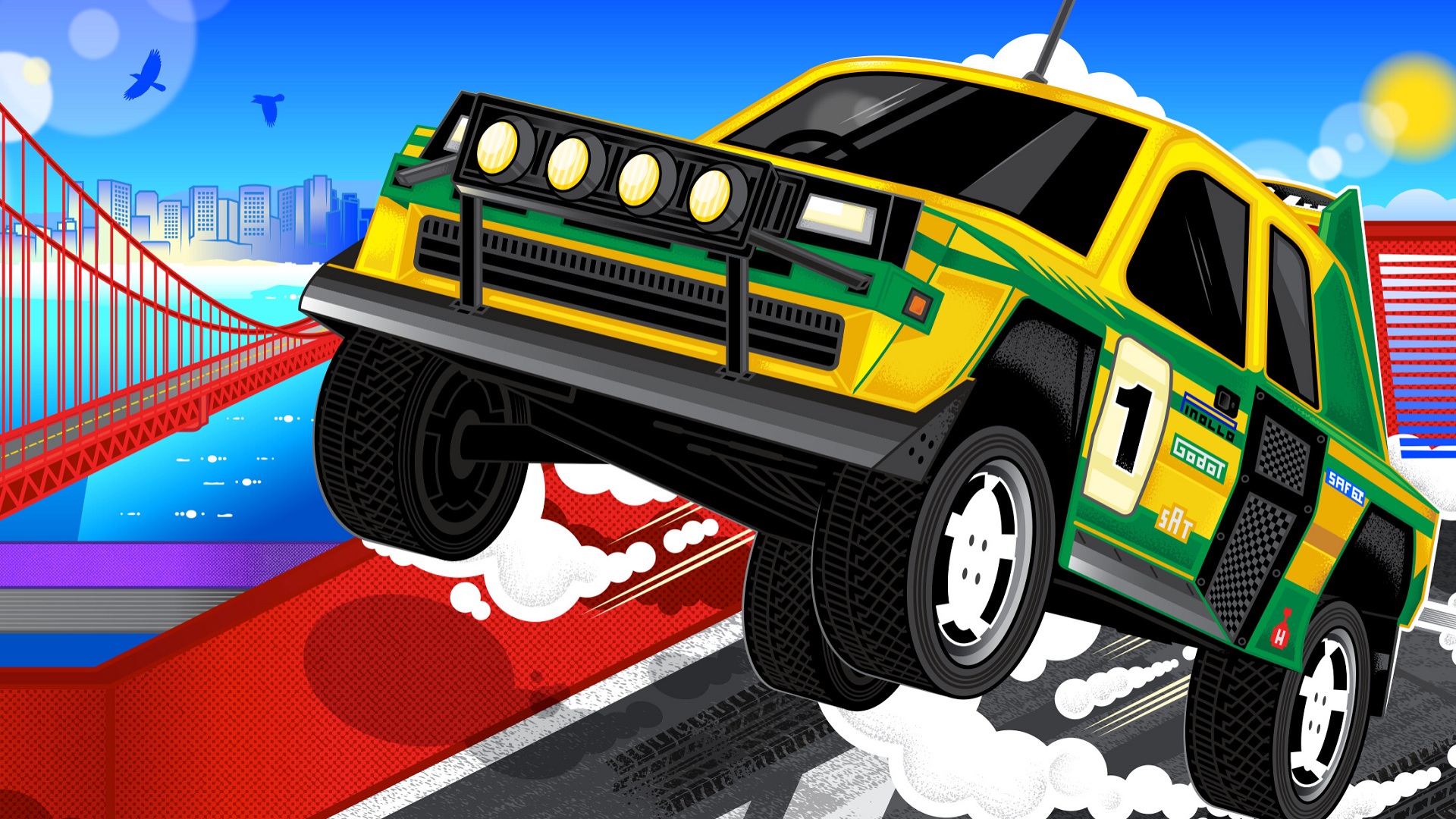 illustration of rally car making jump with blue sky and golden gate bridge in background.