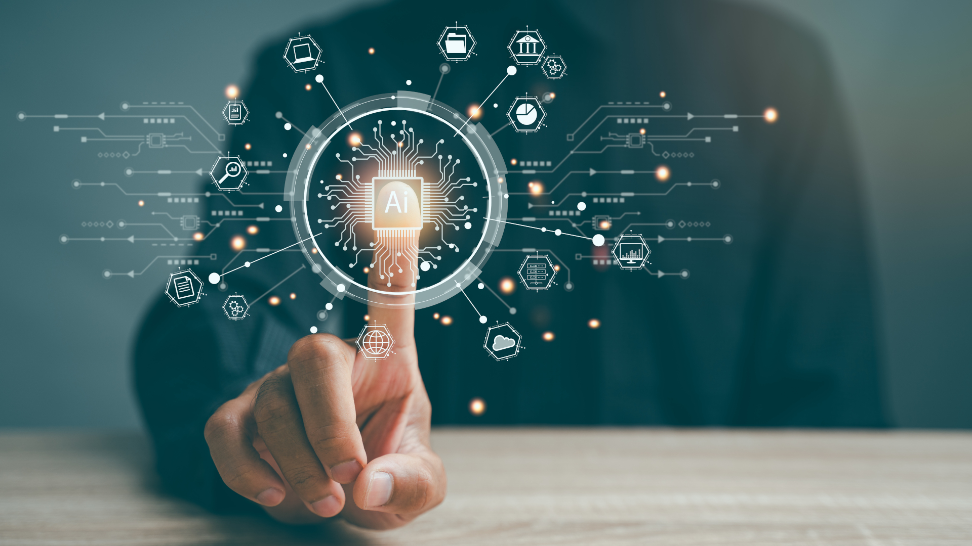 A stylized image of an unidentified person pressing a rendered &#039;AI button&#039; in the air, with digital traces, icon, and other images surrounding the button.
