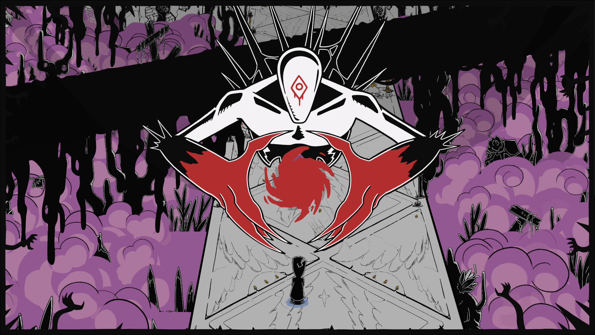 A screenshot from Worship showing a small minion overshadowed by a terrifying deity