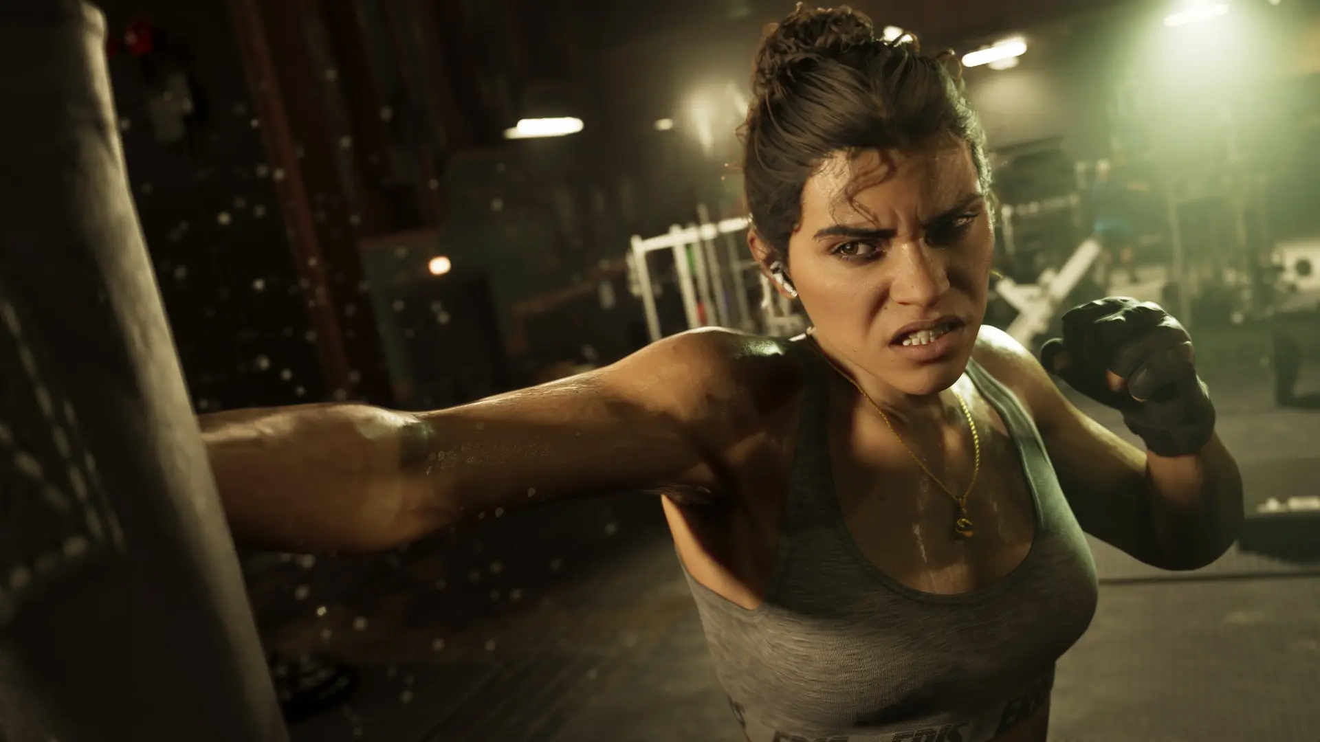Lucia from GTA6 using a punching bag in a gym